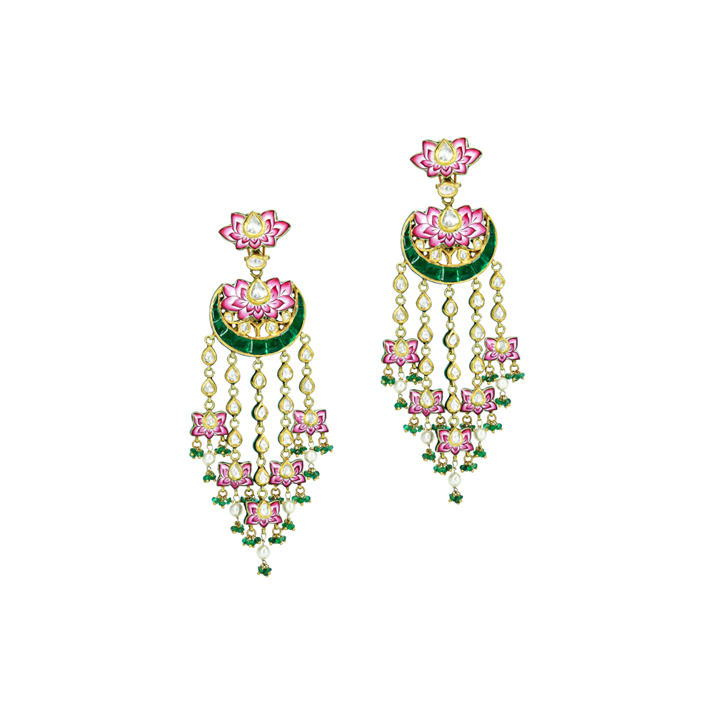 Pink-Green Lotus Enamel Earrings with Polkis